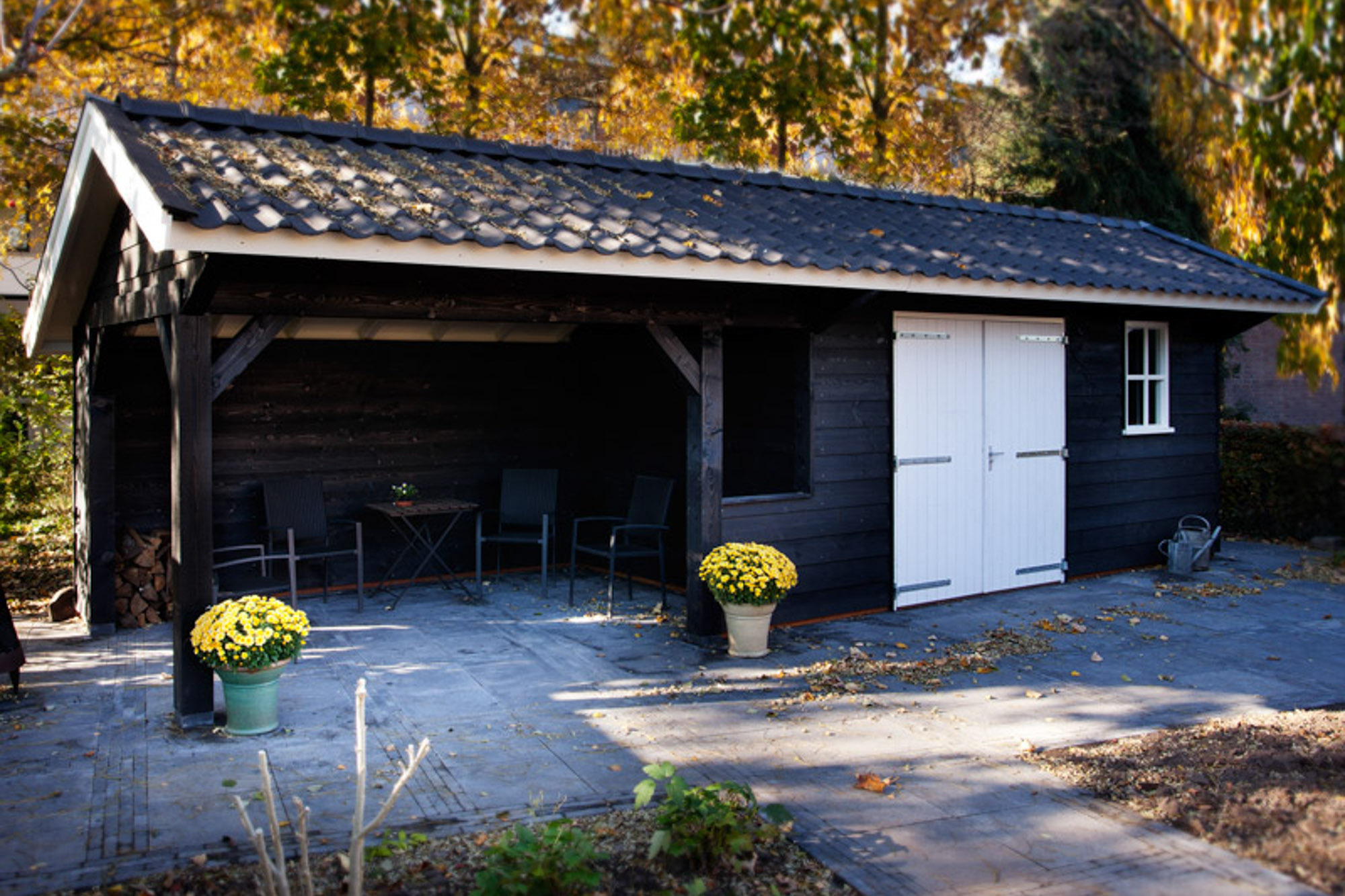 Automatisch Zie insecten pond Zwarte schuur met veranda • Houten schuur met overkapping